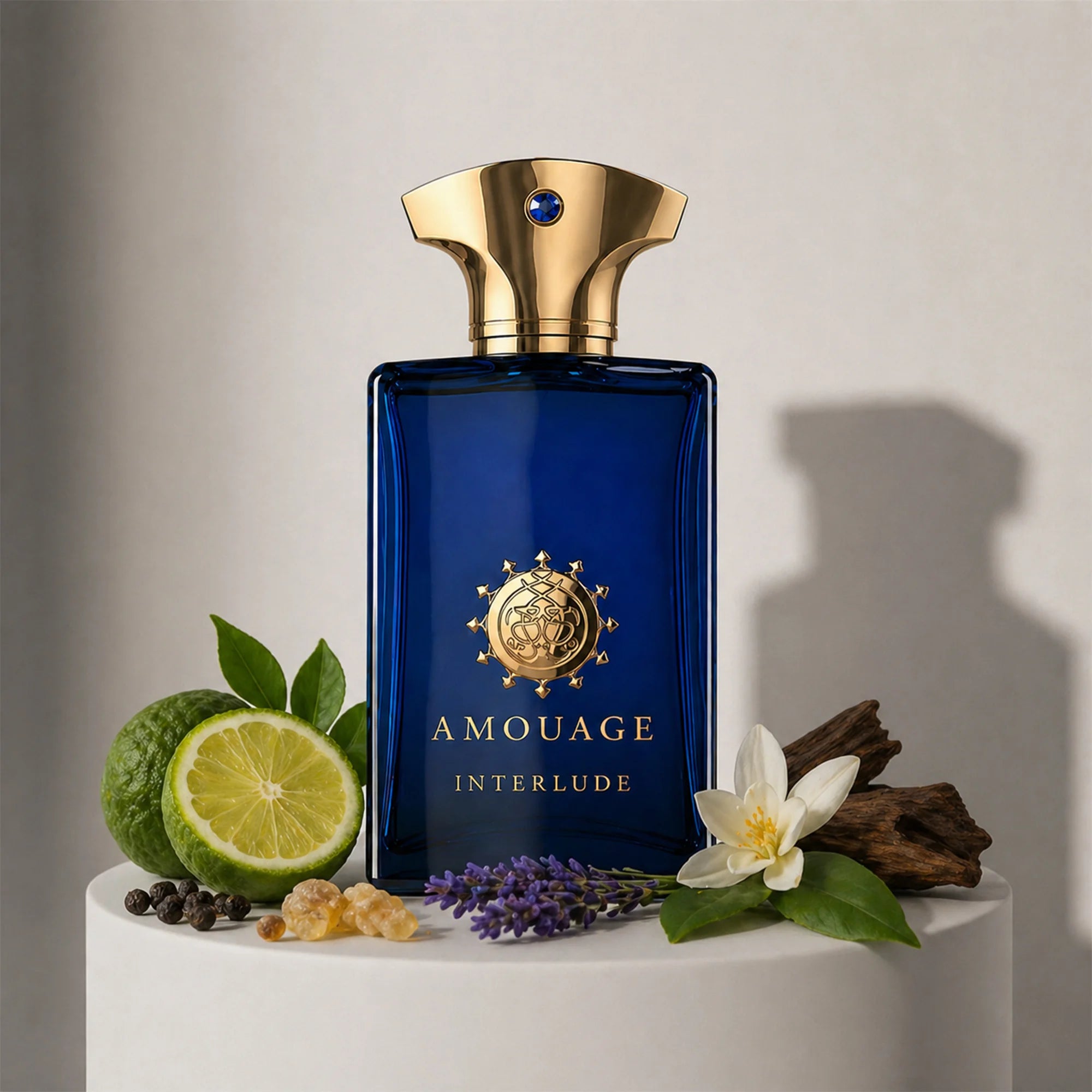 Amouage Interlude Man eau de parfum with bergamot, black pepper, frankincense, lavender and oud notes – available at luxuryperfumesamples.com