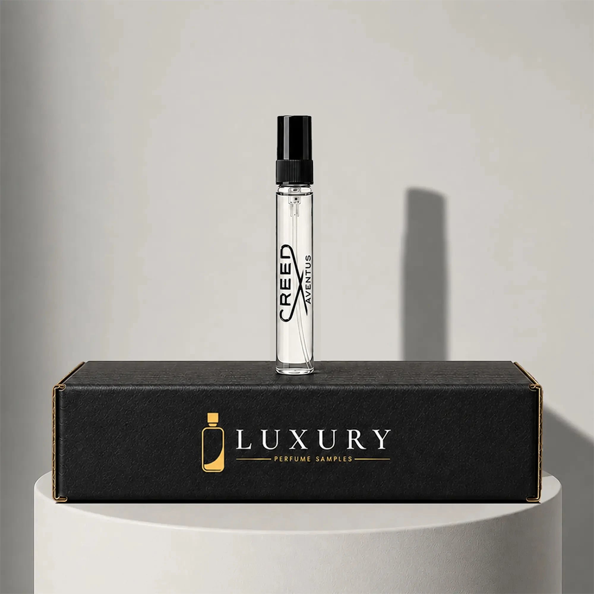 Creed Aventus eau de parfum sample vial, displayed on Luxury Perfume Samples branded box – sample decant available at luxuryperfumesamples.com