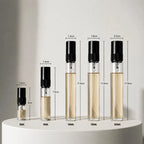 Perfume decant sample sizes comparison – 2ml, 5ml, 10ml, 15ml and 20ml glass atomizer vials with dimensions, available at luxuryperfumesamples.com