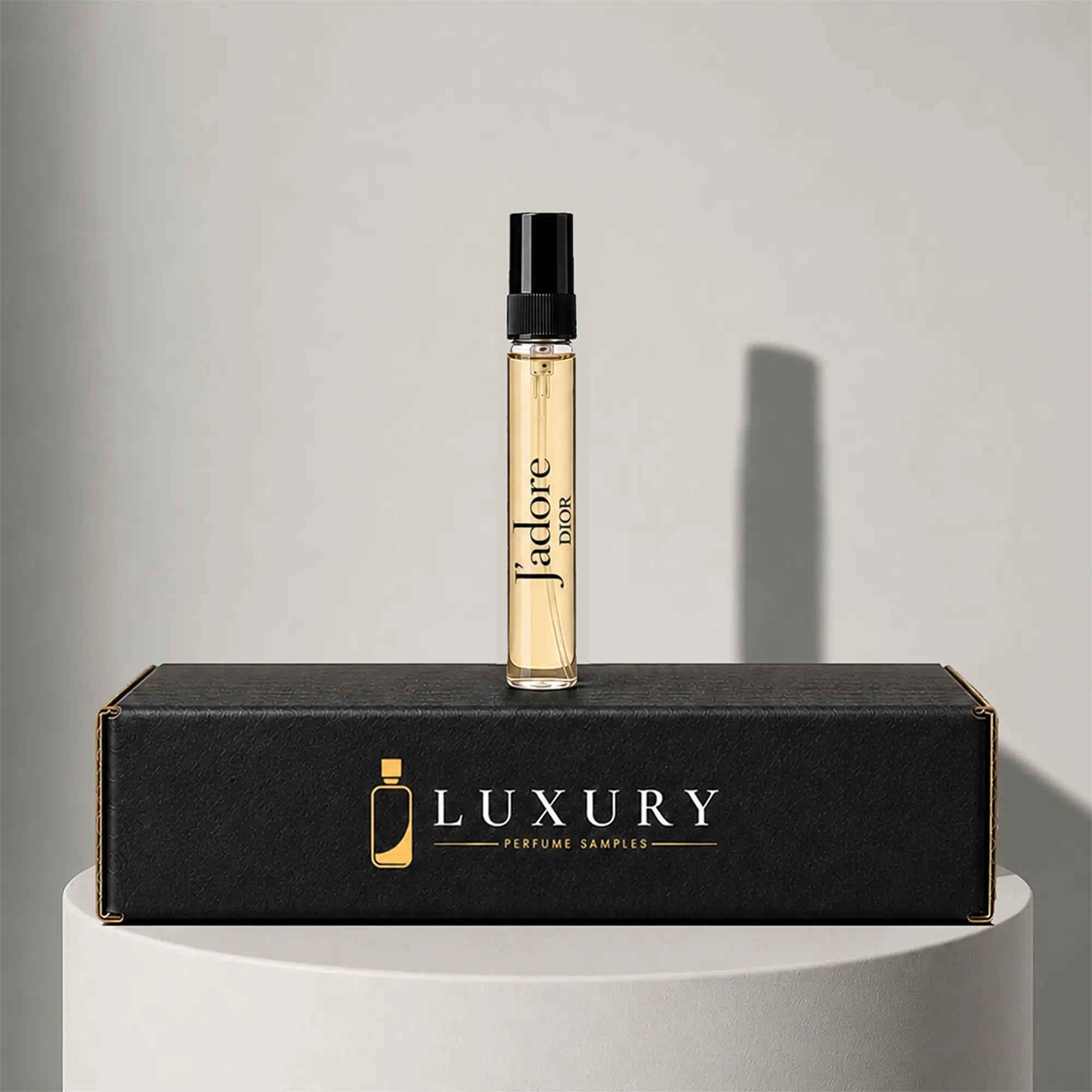 Dior J'adore eau de parfum sample vial, displayed on Luxury Perfume Samples branded box – sample decant available at luxuryperfumesamples.com