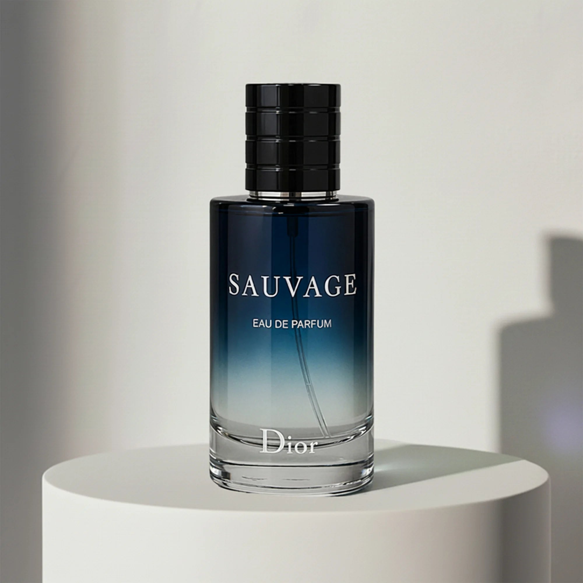 Dior Sauvage eau de parfum in blue ombré glass bottle with black ribbed cap – full-size bottle available at luxuryperfumesamples.com
