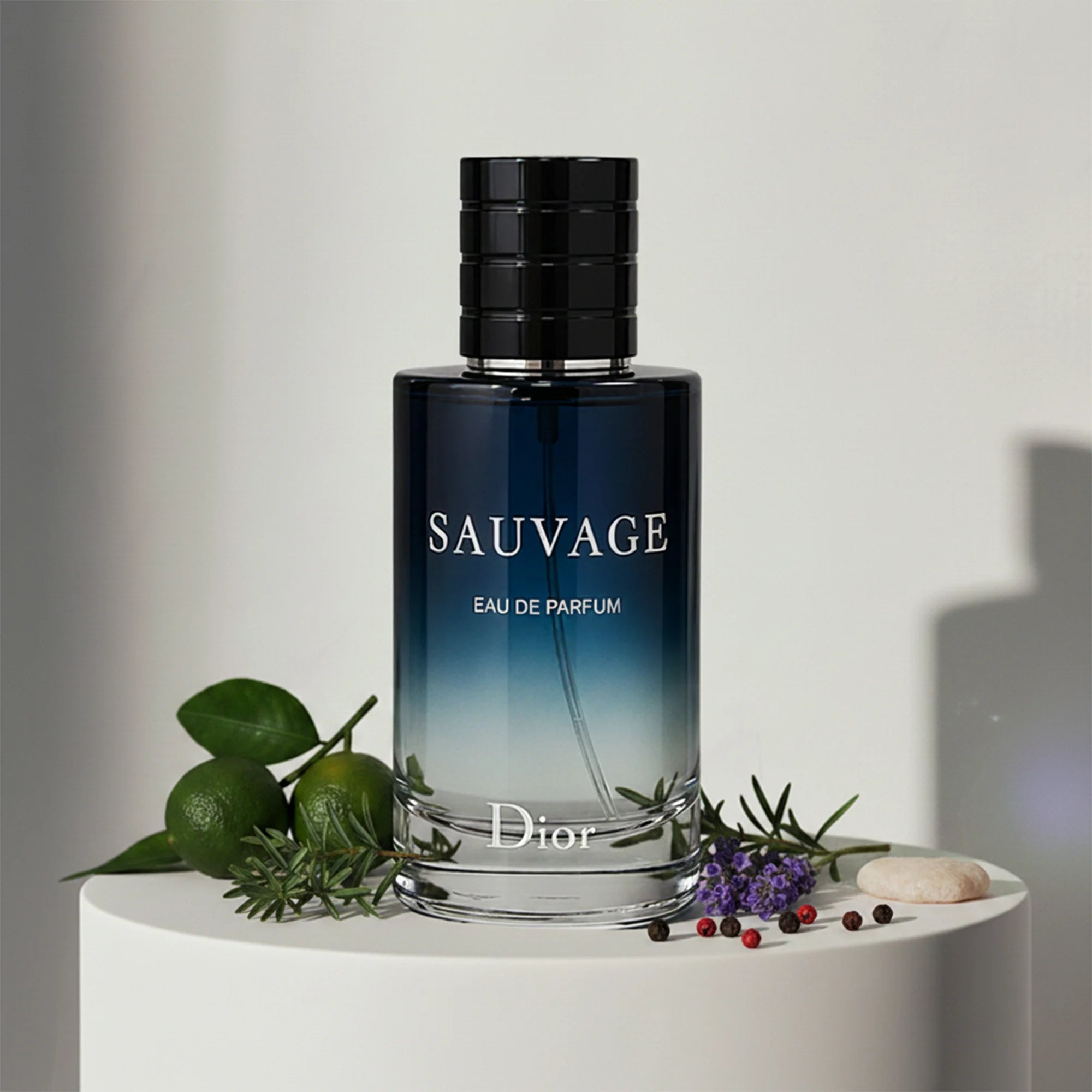 Dior Sauvage eau de parfum with bergamot, pepper and ambroxan notes – available at luxuryperfumesamples.com
