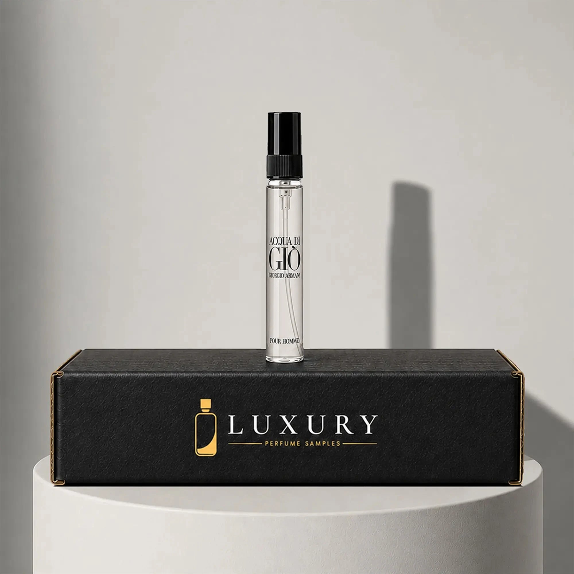 Giorgio Armani Acqua di Giò Pour Homme eau de toilette sample vial, displayed on Luxury Perfume Samples branded box – sample decant available at luxuryperfumesamples.com