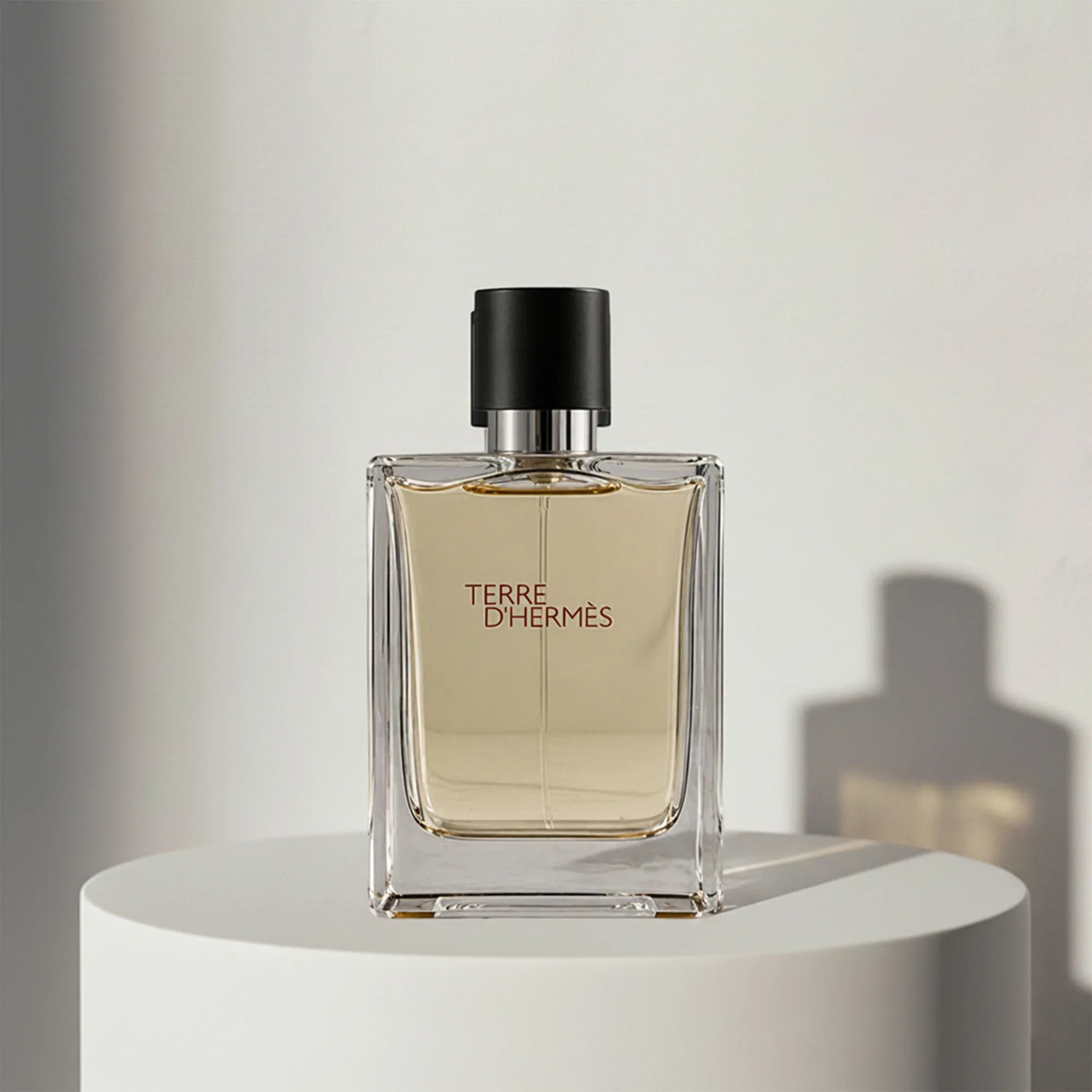 Hermès Terre d'Hermès eau de toilette in golden glass bottle with black cap – full-size bottle available at luxuryperfumesamples.com
