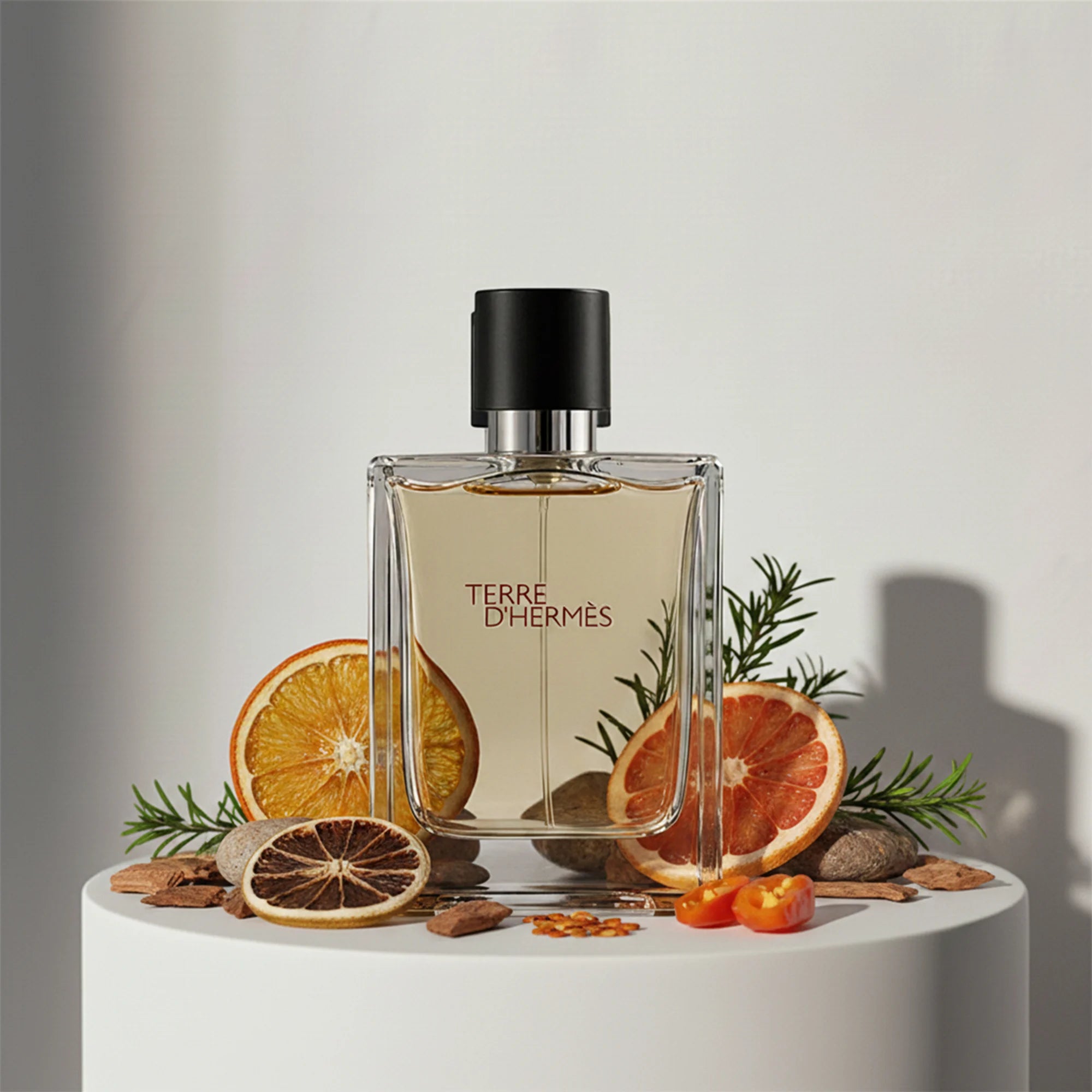 Hermès Terre d'Hermès eau de toilette with orange, grapefruit and vetiver notes – available at luxuryperfumesamples.com
