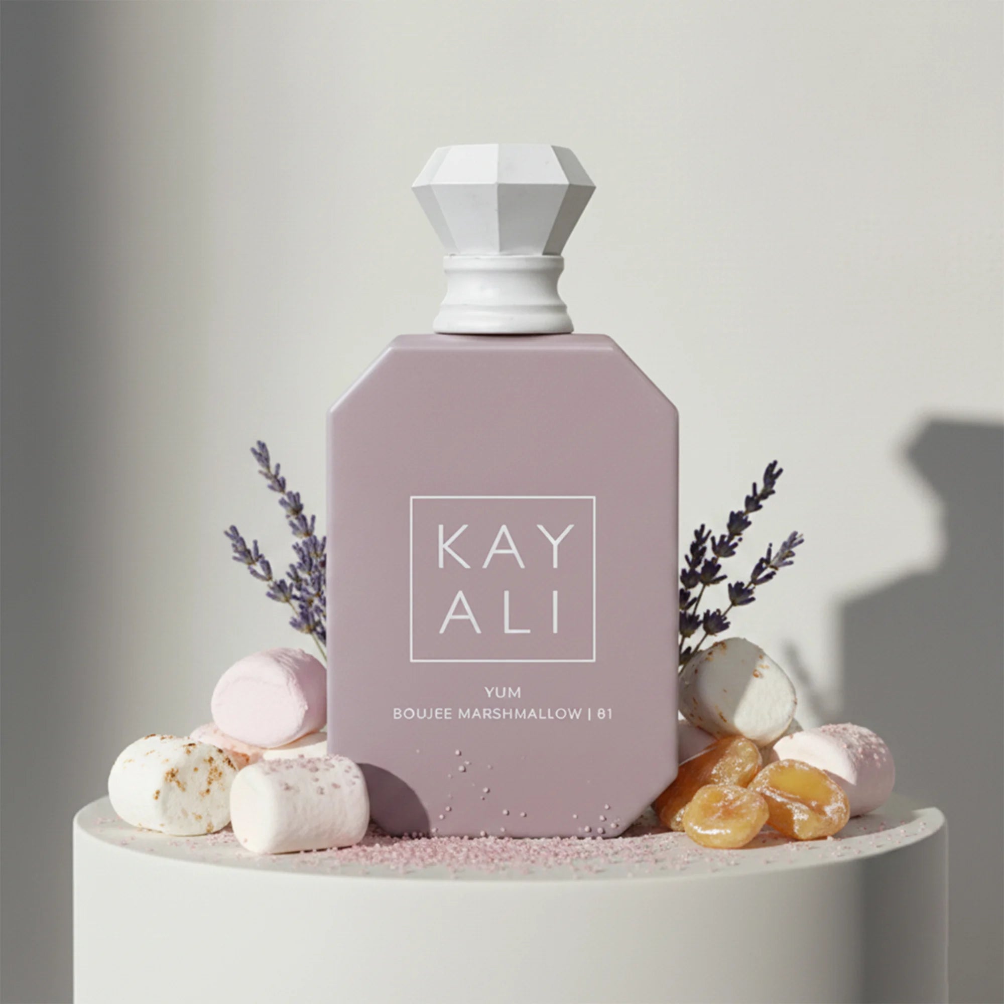 Kayali Yum Boujee Marshmallow 81 eau de parfum with marshmallow, lavender and almond notes – available at luxuryperfumesamples.com