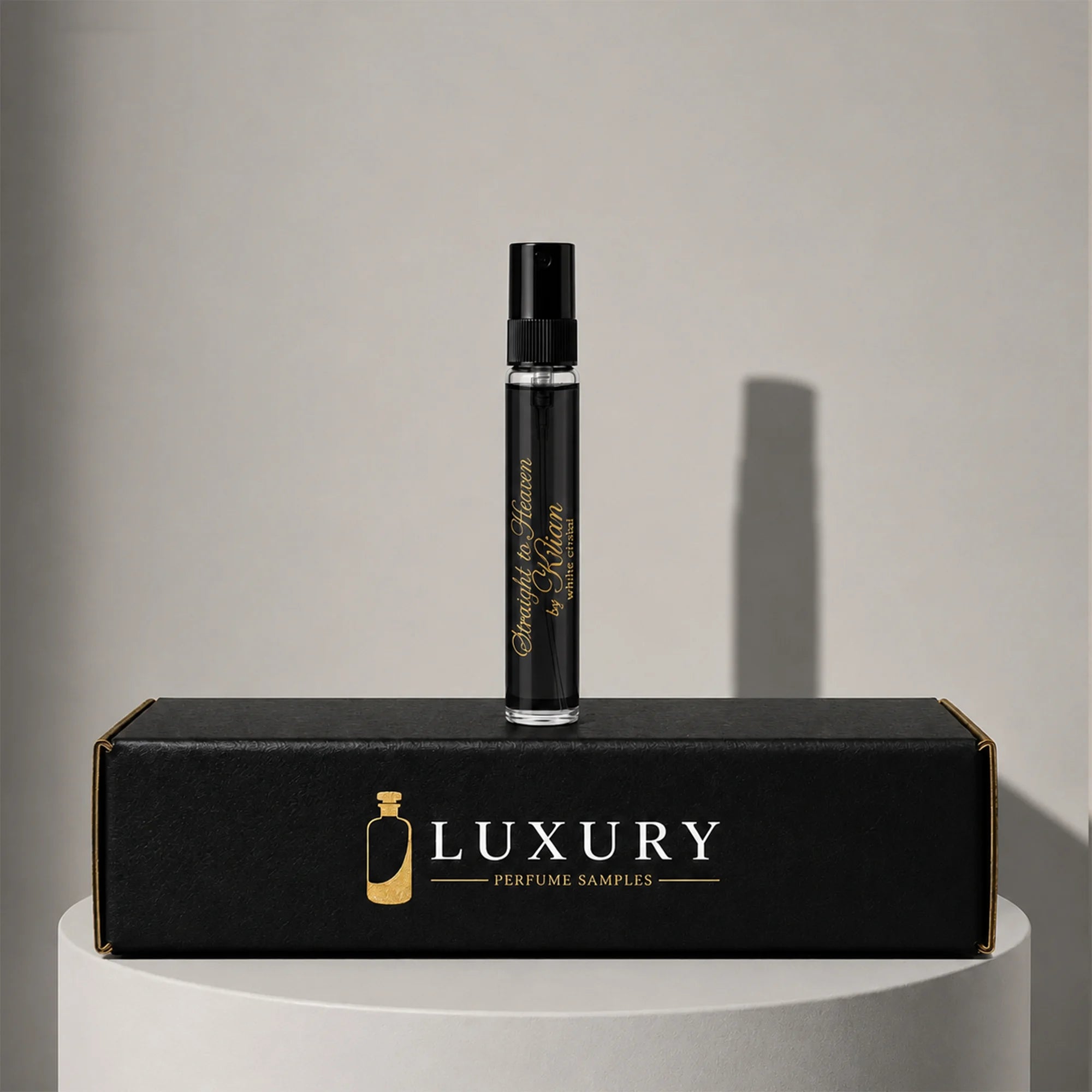 Kilian Straight to Heaven White Cristal eau de parfum sample vial, displayed on Luxury Perfume Samples branded box – sample decant available at luxuryperfumesamples.com