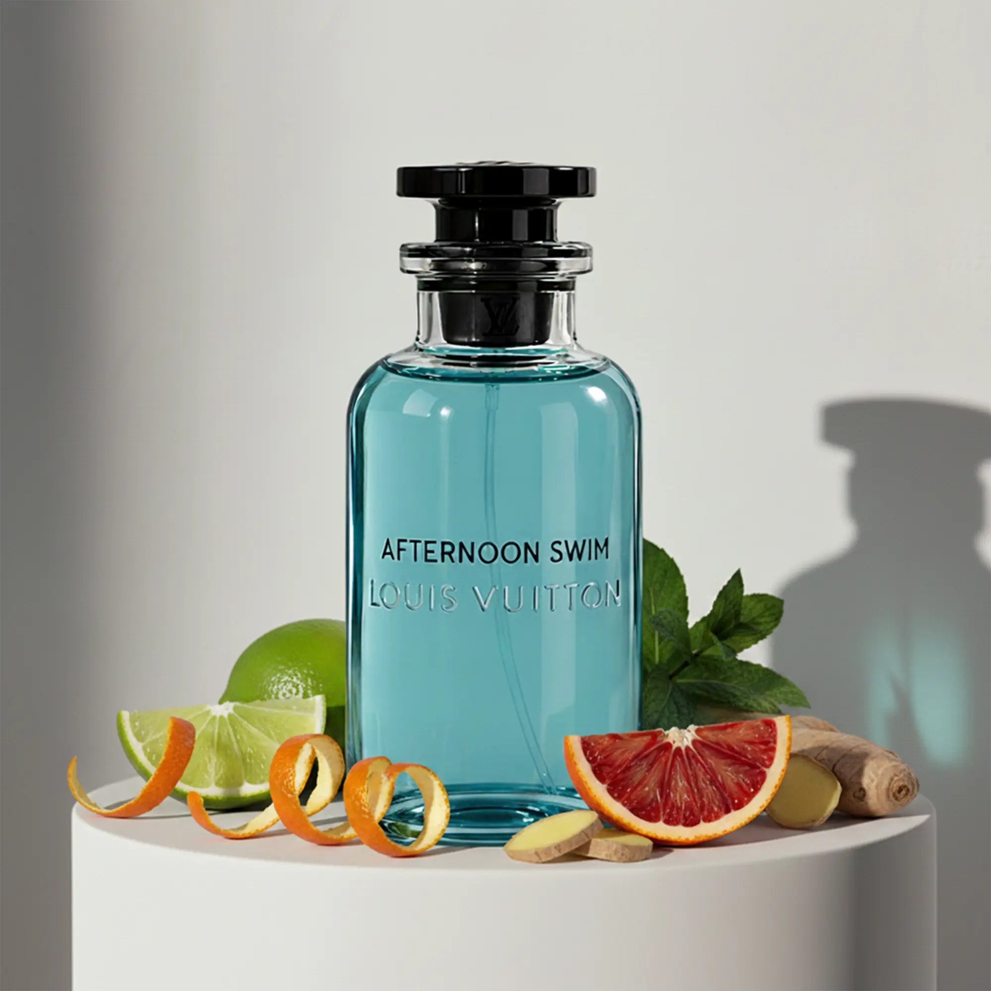 Louis Vuitton Afternoon Swim eau de toilette with lime, blood orange, mint and ginger notes – available at luxuryperfumesamples.com