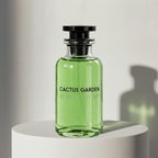 Louis Vuitton Cactus Garden eau de toilette in green glass bottle with black cap and stopper – full-size bottle available at luxuryperfumesamples.com