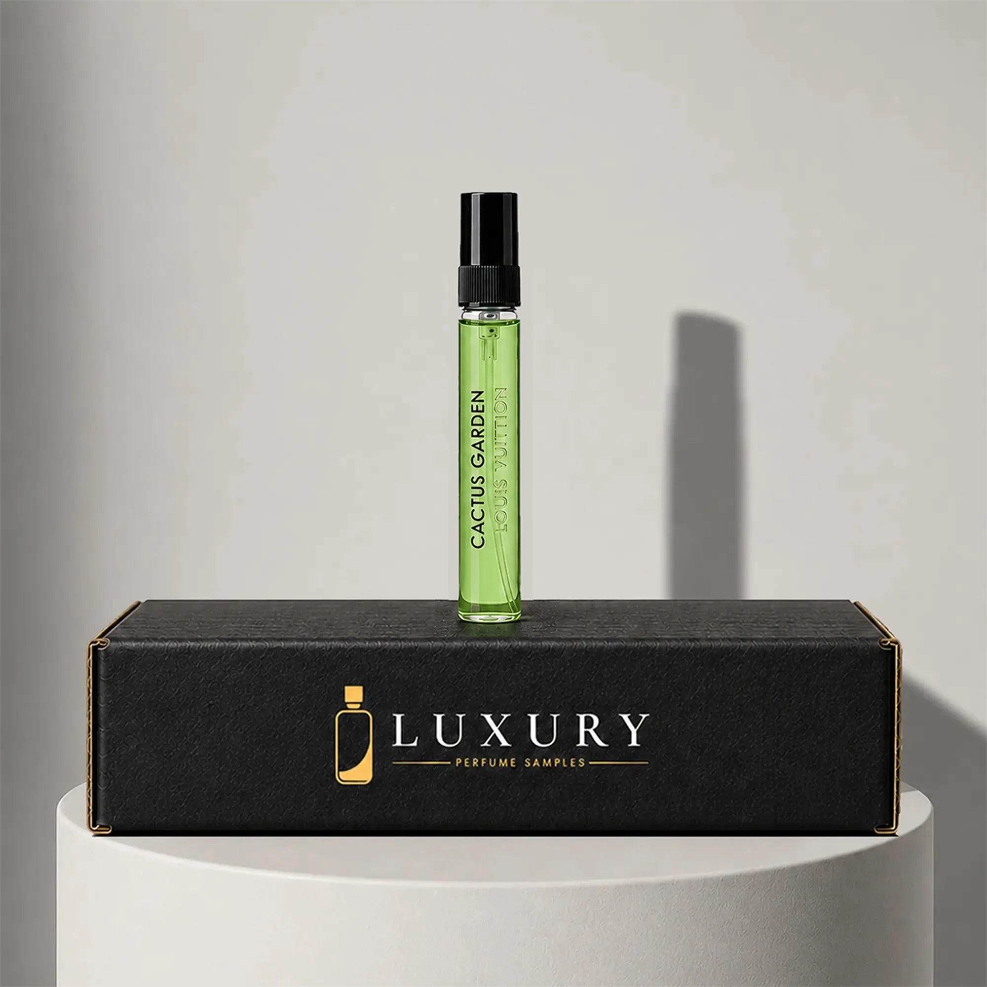 Louis Vuitton Cactus Garden eau de toilette sample vial with black cap, displayed on Luxury Perfume Samples branded box – sample decant available at luxuryperfumesamples.com