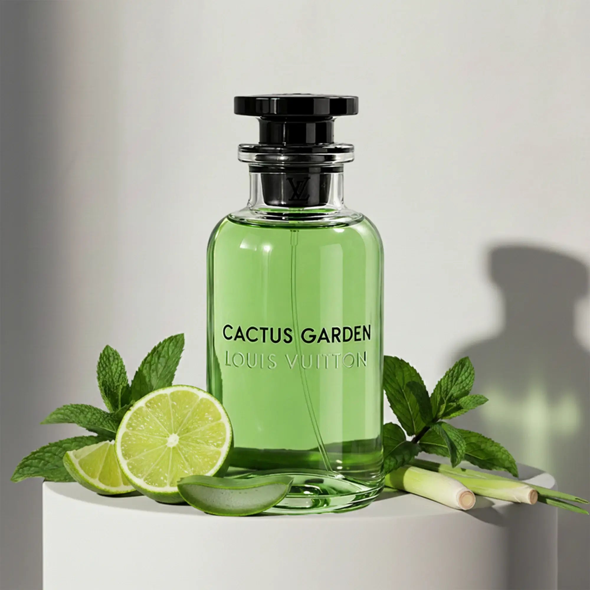 Louis Vuitton Cactus Garden eau de toilette with lime, aloe vera, lemongrass and mint notes – available at luxuryperfumesamples.com