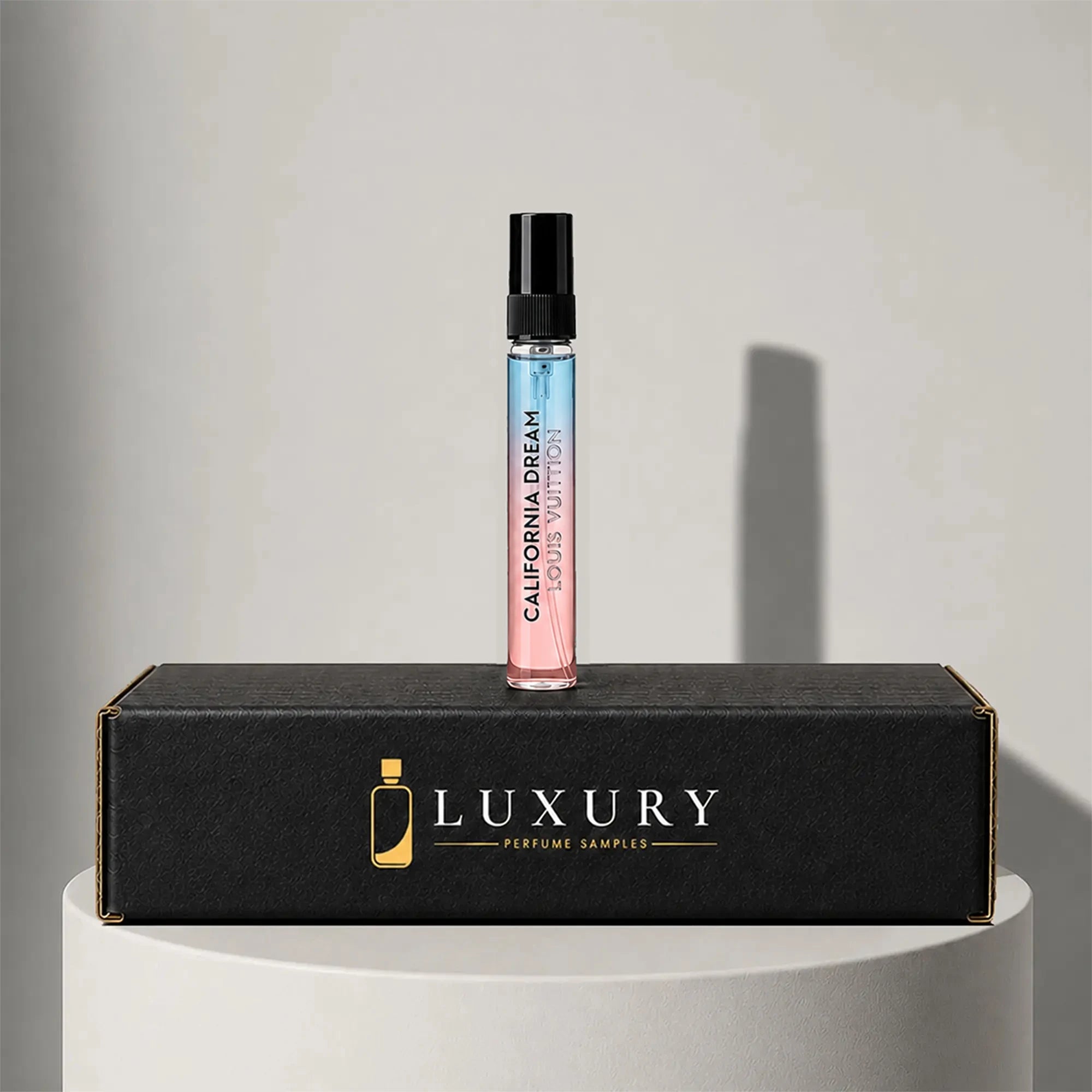 Louis Vuitton California Dream eau de parfum sample vial, displayed on Luxury Perfume Samples branded box – sample decant available at luxuryperfumesamples.com