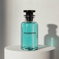 Louis Vuitton Imagination eau de toilette in signature turquoise glass bottle with black cap and stopper, sample available at luxuryperfumesamples.com