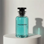 Louis Vuitton Imagination eau de toilette in signature turquoise glass bottle with black cap and stopper, sample available at luxuryperfumesamples.com