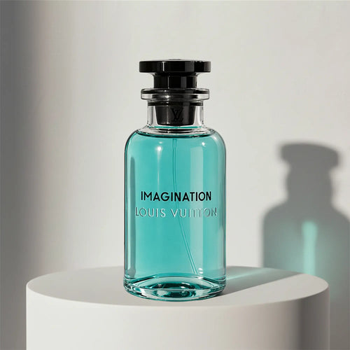 Louis Vuitton Imagination eau de toilette in signature turquoise glass bottle with black cap and stopper, sample available at luxuryperfumesamples.com