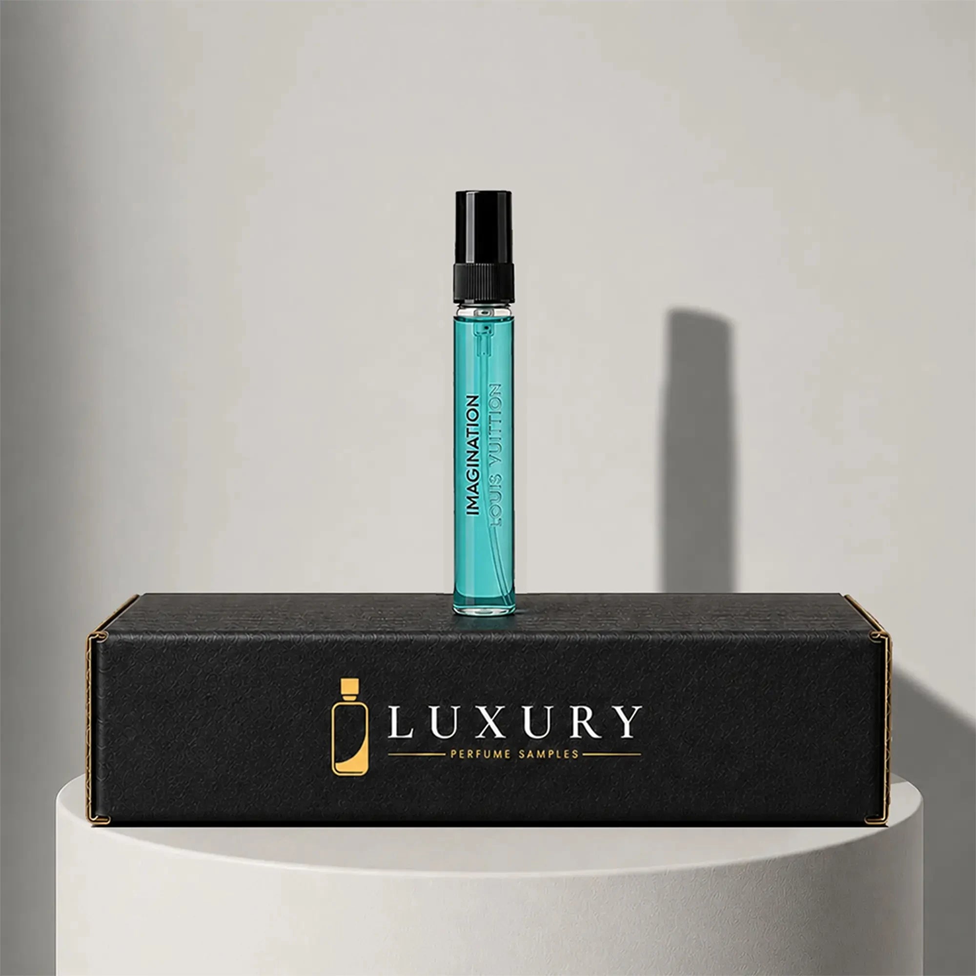 Louis Vuitton Imagination eau de toilette sample vial in turquoise glass with black cap, presented in Luxury Perfume Samples packaging – sample decant available at luxuryperfumesamples.com