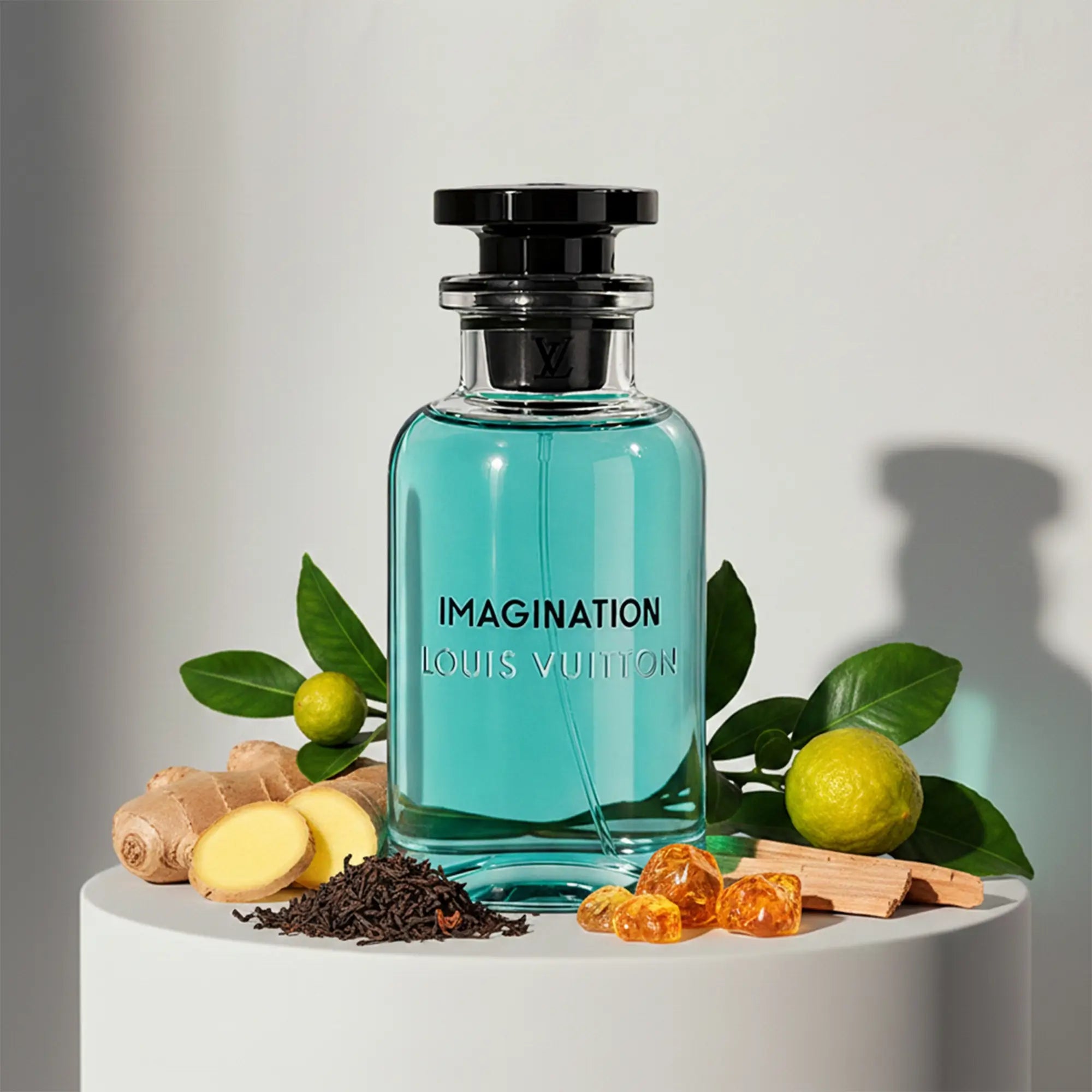 Louis Vuitton Imagination eau de toilette bottle with citrus, ginger, black tea, amber and cedarwood fragrance notes – sample available at luxuryperfumesamples.com