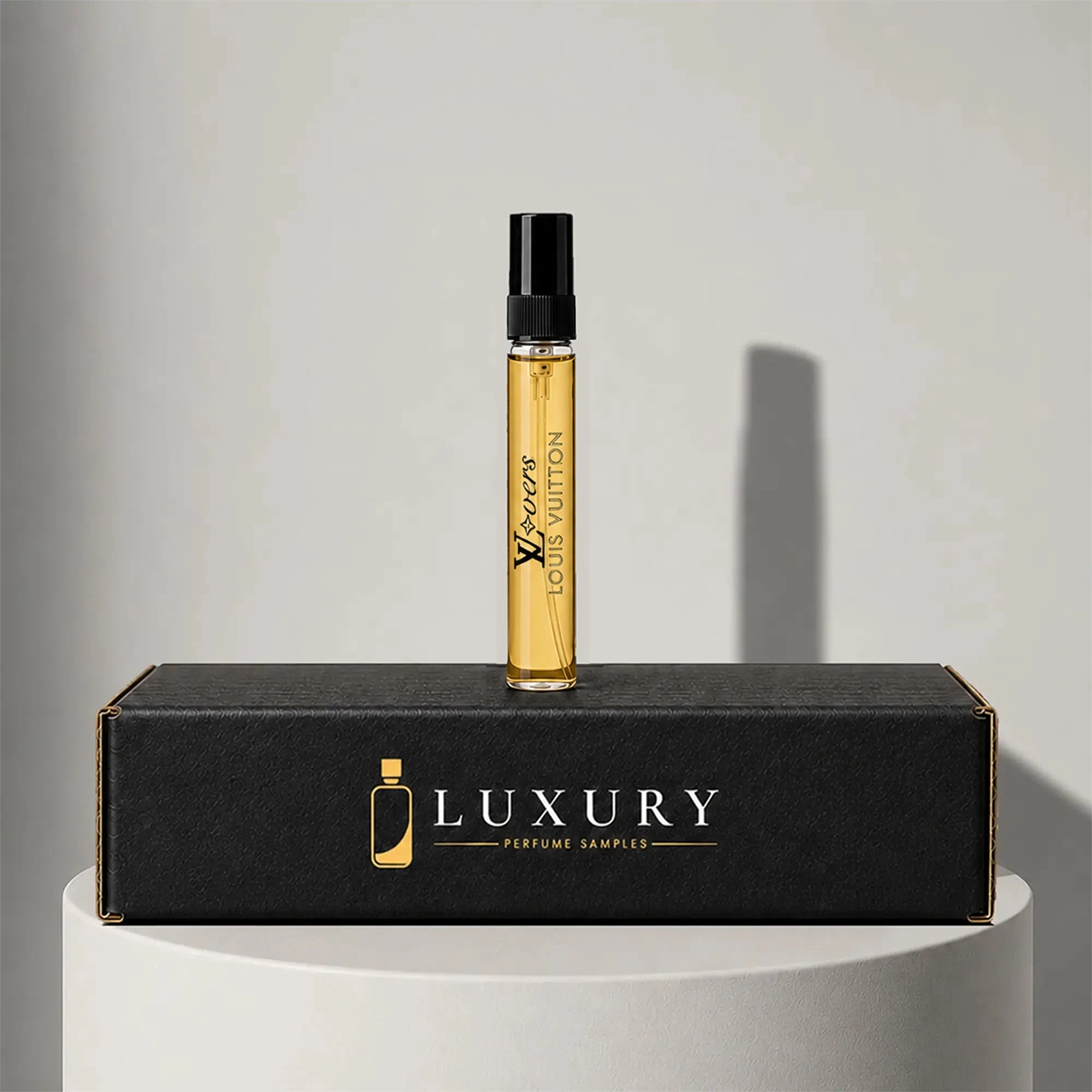 Louis Vuitton LV Lovers eau de parfum sample vial, displayed on Luxury Perfume Samples branded box – sample decant available at luxuryperfumesamples.com