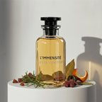 Louis Vuitton L'Immensité eau de toilette with rosemary, bay leaf, orange peel and pepper notes – available at luxuryperfumesamples.com