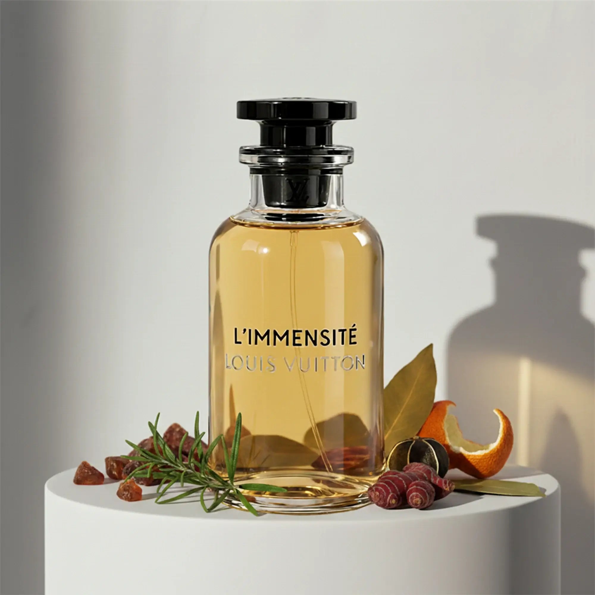 Louis Vuitton L'Immensité eau de toilette with rosemary, bay leaf, orange peel and pepper notes – available at luxuryperfumesamples.com