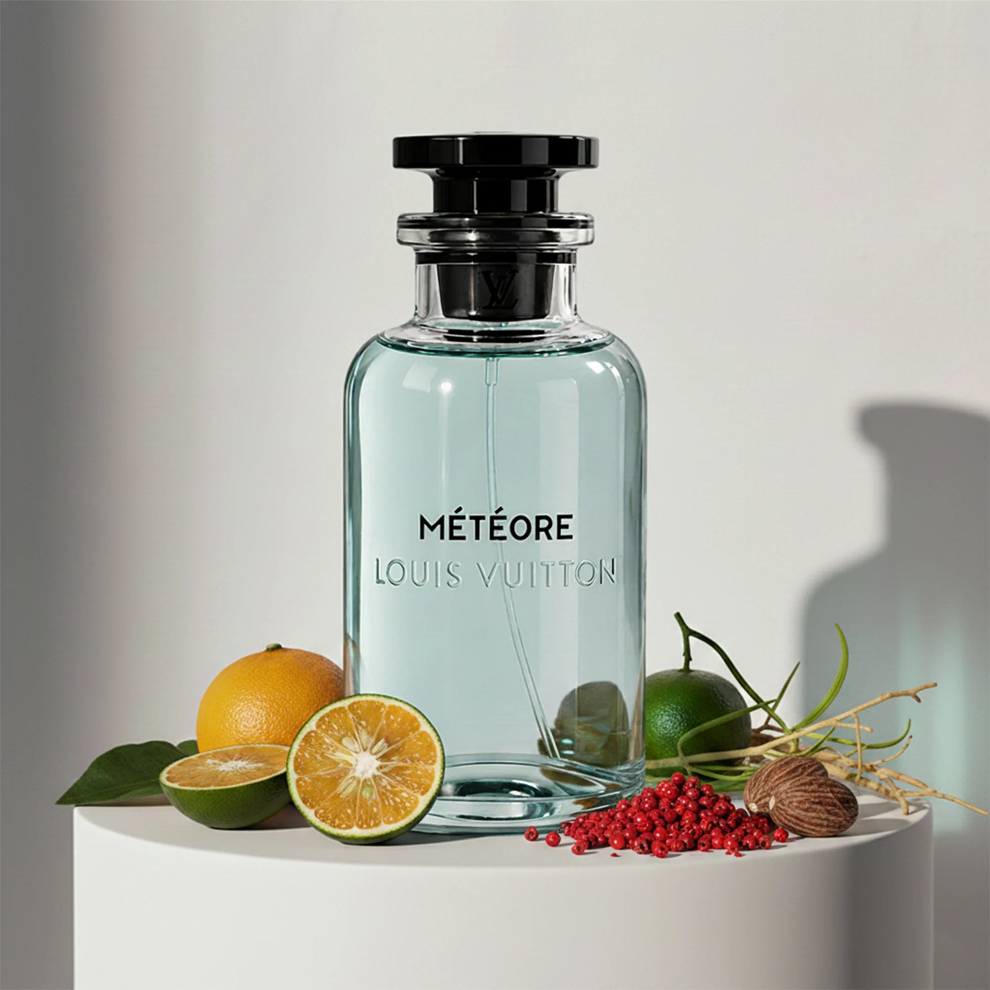 Louis Vuitton Météore eau de parfum with citrus, pink pepper and musk notes – available at luxuryperfumesamples.com
