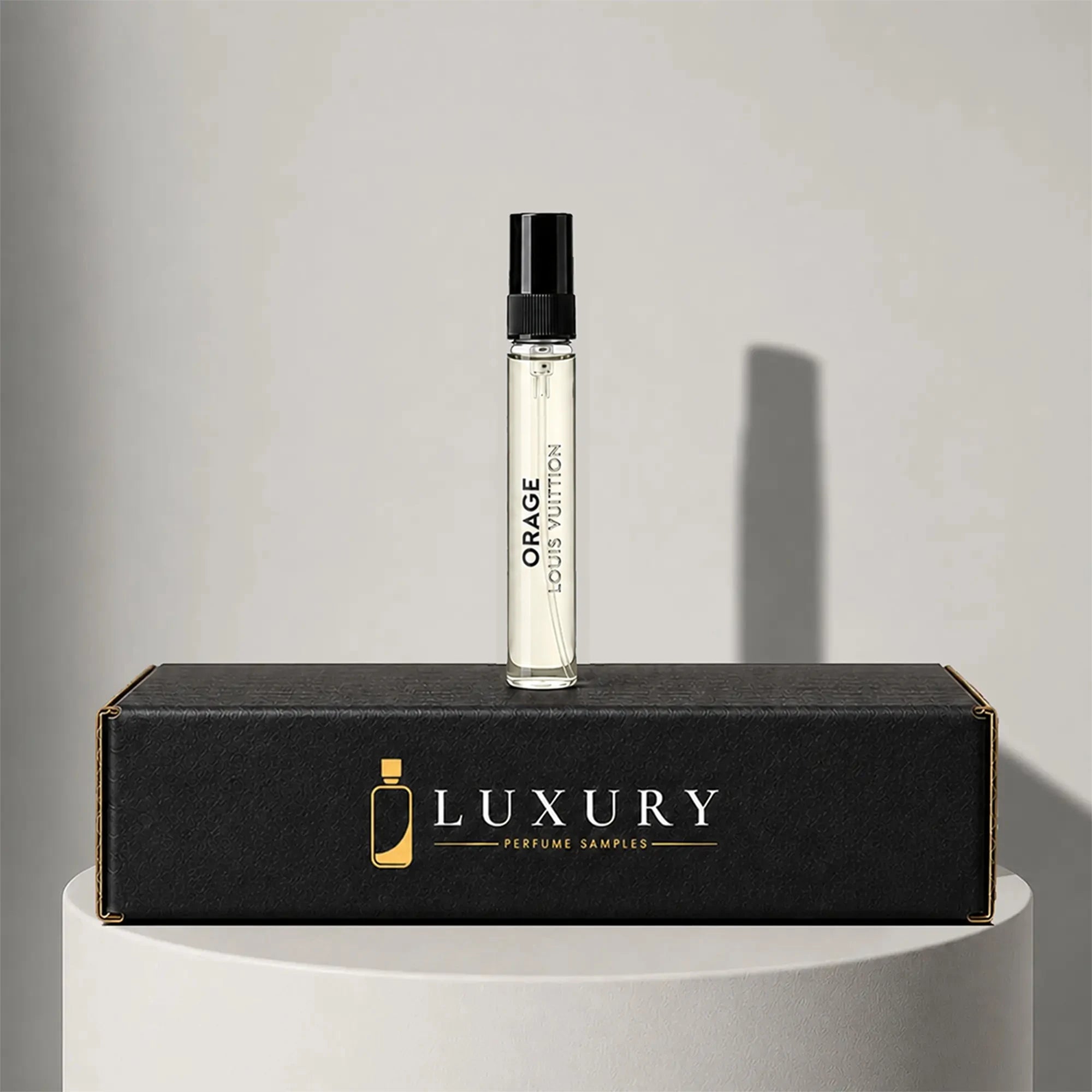 Louis Vuitton Orage eau de parfum sample vial, displayed on Luxury Perfume Samples branded box – sample decant available at luxuryperfumesamples.com
