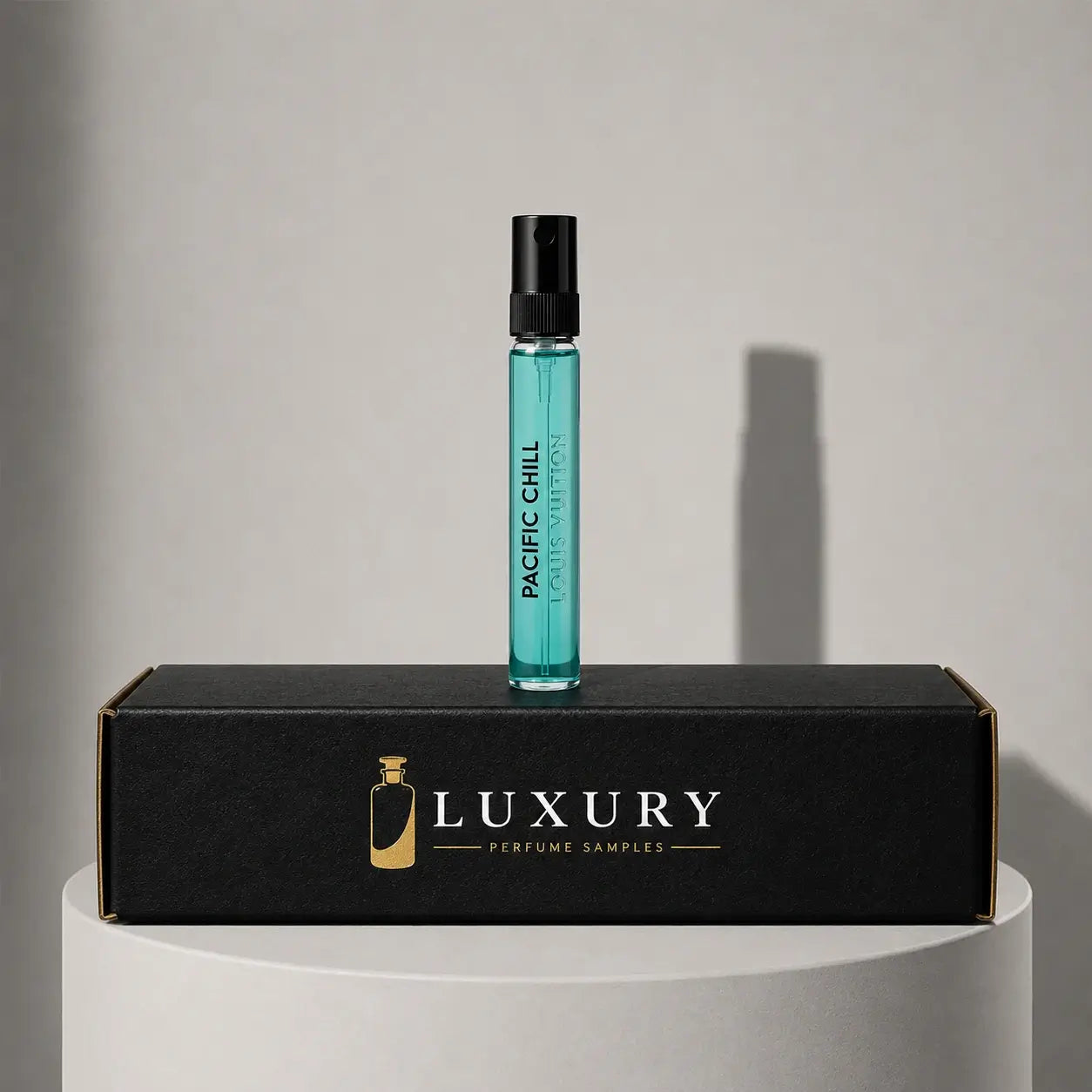 Louis Vuitton Pacific Chill eau de toilette sample vial with black cap, displayed on Luxury Perfume Samples branded box – sample decant available at luxuryperfumesamples.com