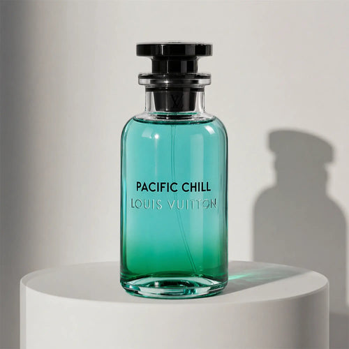 Louis Vuitton Pacific Chill eau de toilette in turquoise green glass bottle with black cap and stopper – full-size bottle available at luxuryperfumesamples.com