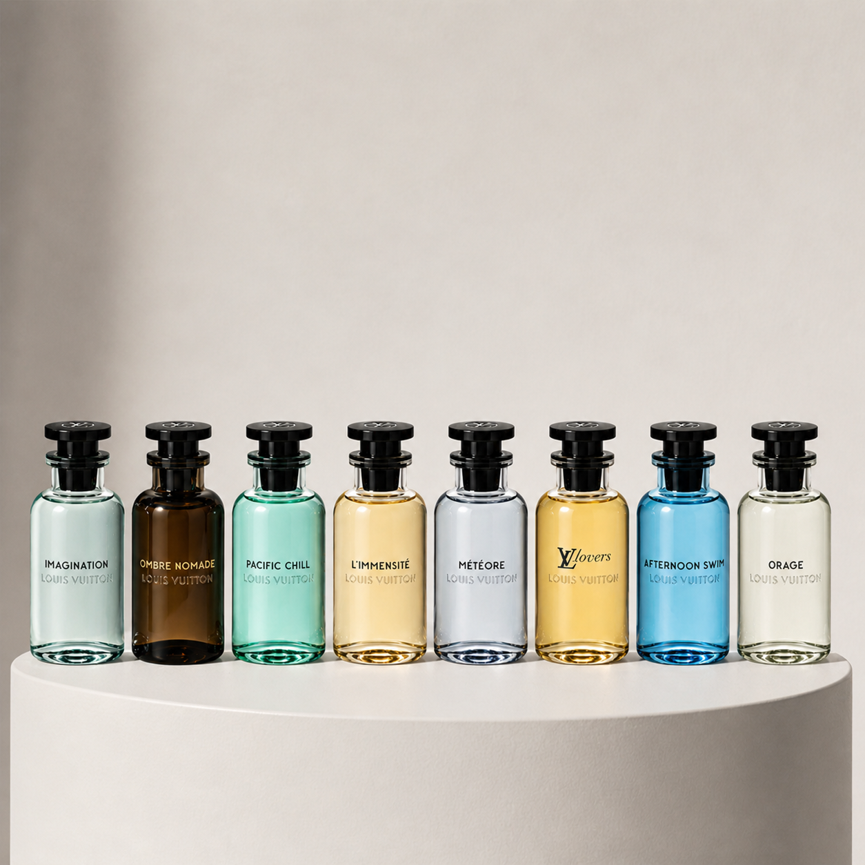 Louis Vuitton fragrance collection featuring eight eau de parfum and eau de toilette bottles including Imagination, Ombre Nomade, Pacific Chill and Météore – full-size bottles available at luxuryperfumesamples.com