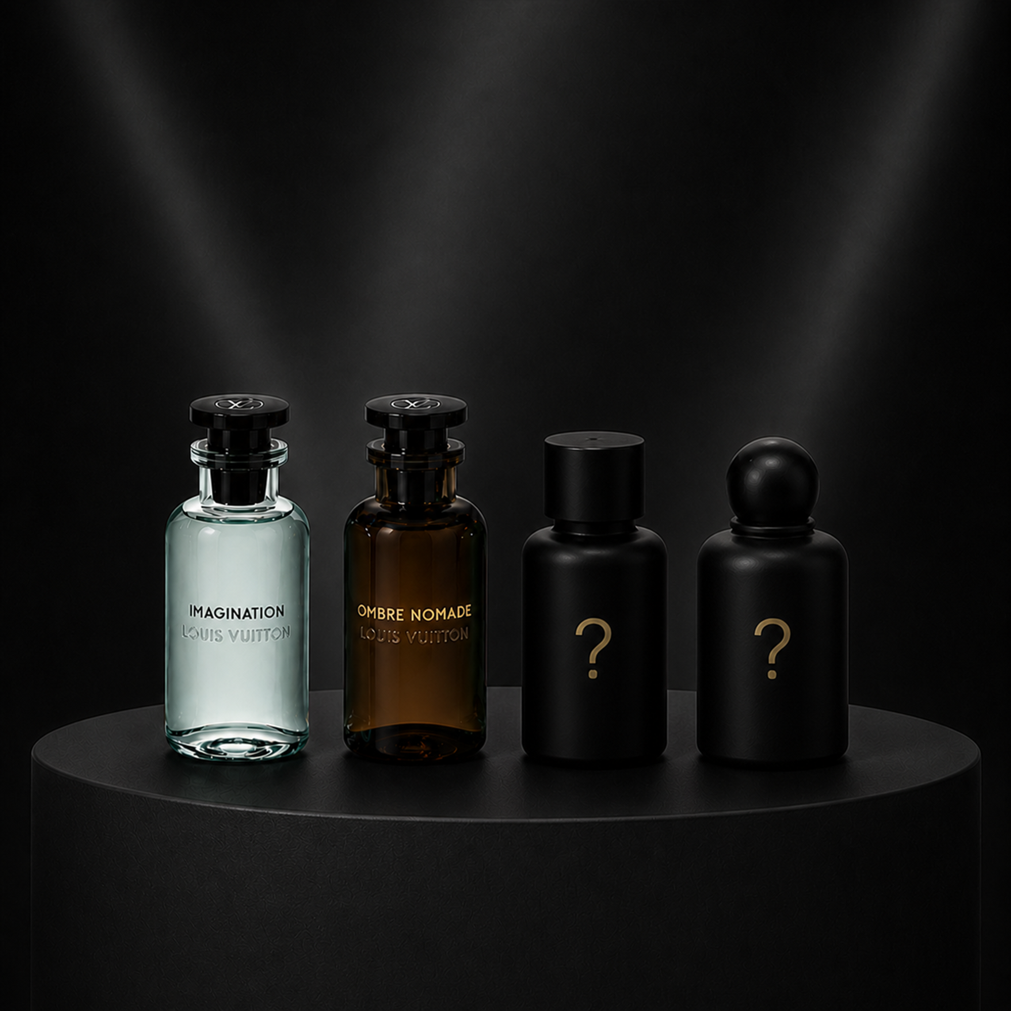 Louis Vuitton fragrance collection teaser featuring Imagination and Ombre Nomade eau de parfum bottles alongside two upcoming mystery scents – available at luxuryperfumesamples.com
