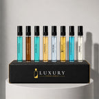 Louis Vuitton fragrance sample set with eight decant vials in a Luxury Perfume Samples branded box – available at luxuryperfumesamples.com