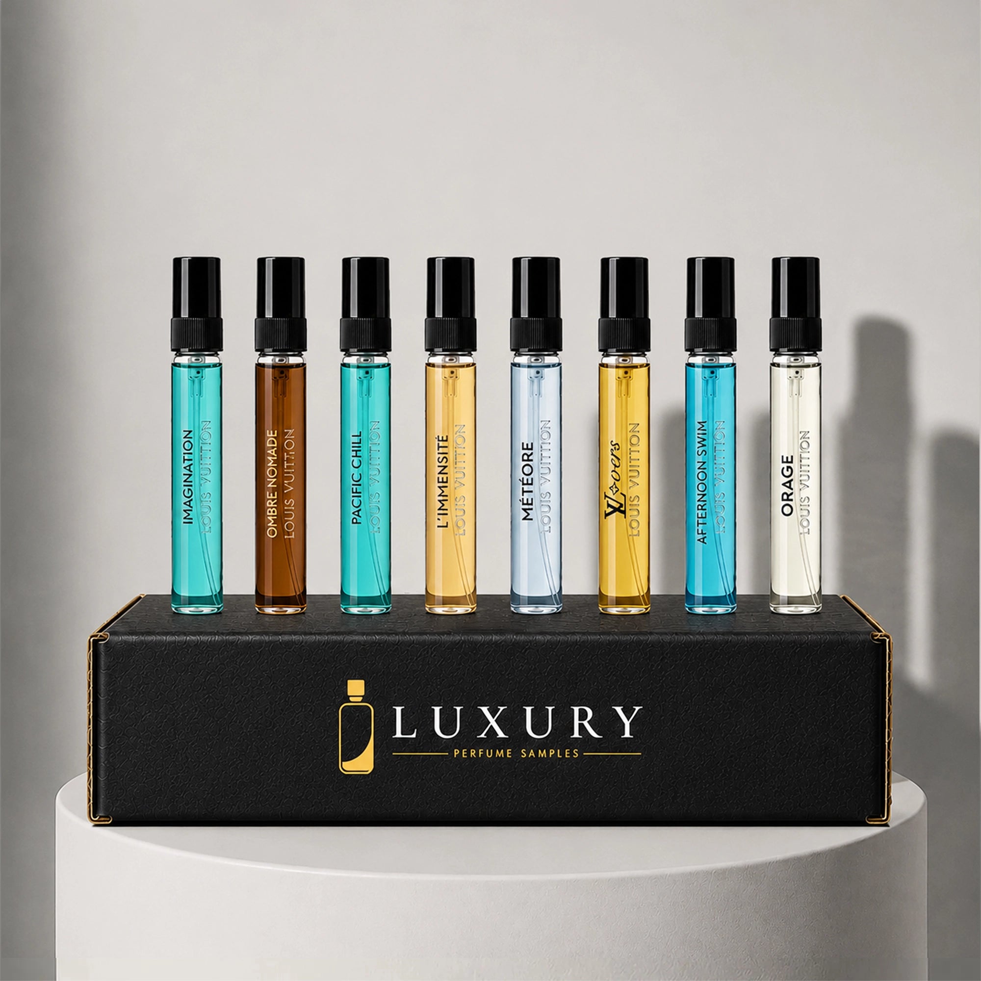 Louis Vuitton fragrance sample set with eight decant vials in a Luxury Perfume Samples branded box – available at luxuryperfumesamples.com