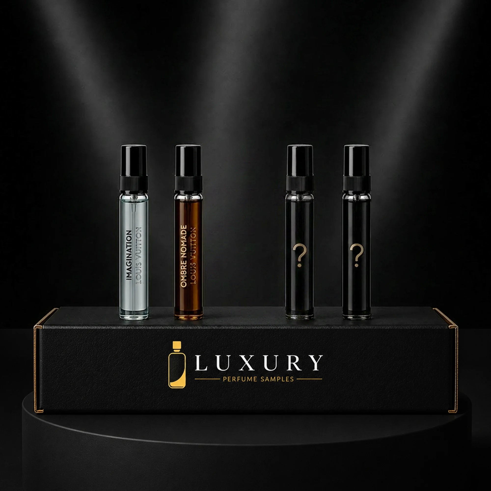 Louis Vuitton fragrance sample set with decant vials in a Luxury Perfume Samples branded box – available at luxuryperfumesamples.com
