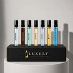Louis Vuitton fragrance sample set with seven decant vials in a Luxury Perfume Samples branded box – available at luxuryperfumesamples.com
