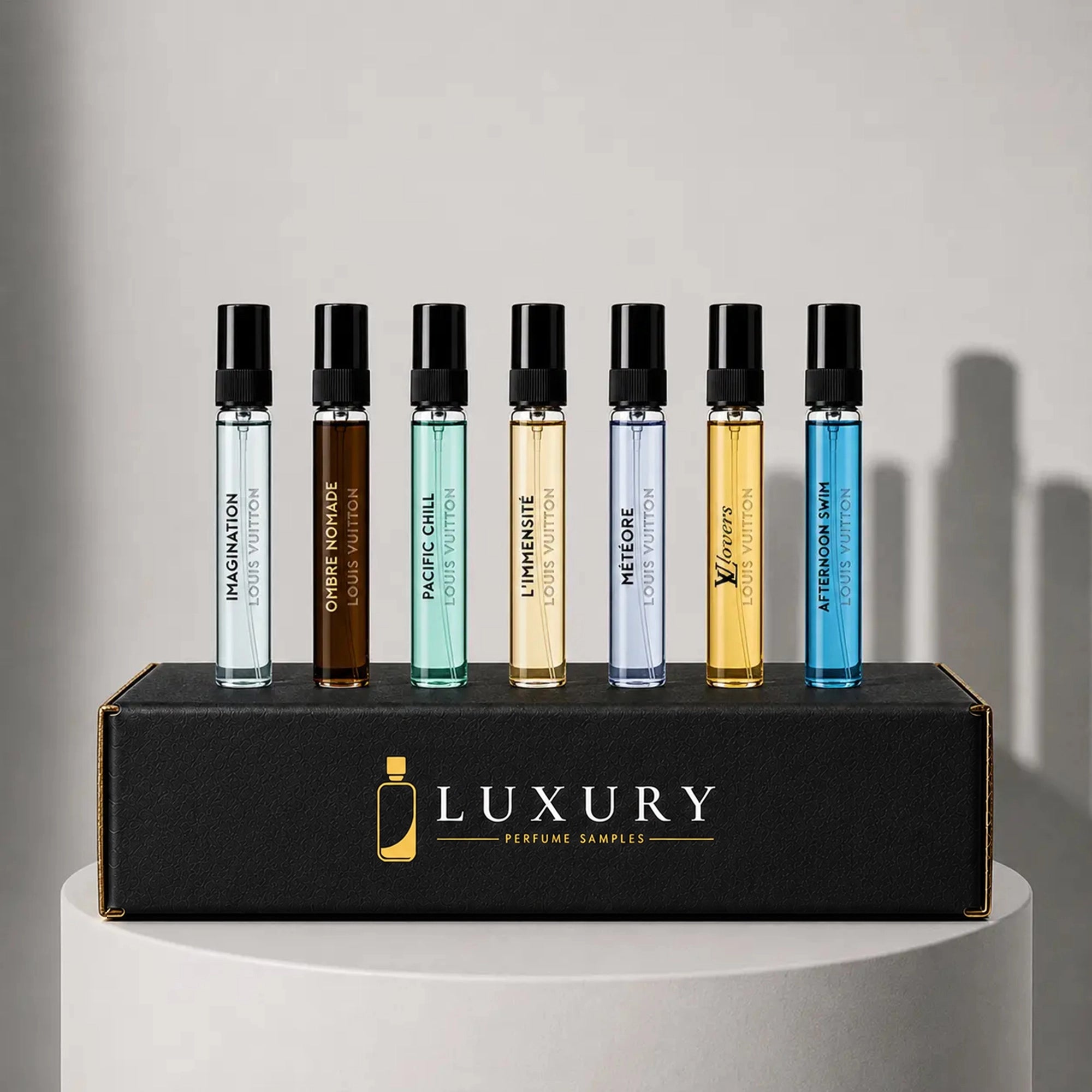 Louis Vuitton fragrance sample set with seven decant vials in a Luxury Perfume Samples branded box – available at luxuryperfumesamples.com
