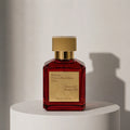 Maison Francis Kurkdjian Baccarat Rouge 540 extrait de parfum in deep red glass bottle with gold cap – full-size bottle available at luxuryperfumesamples.com