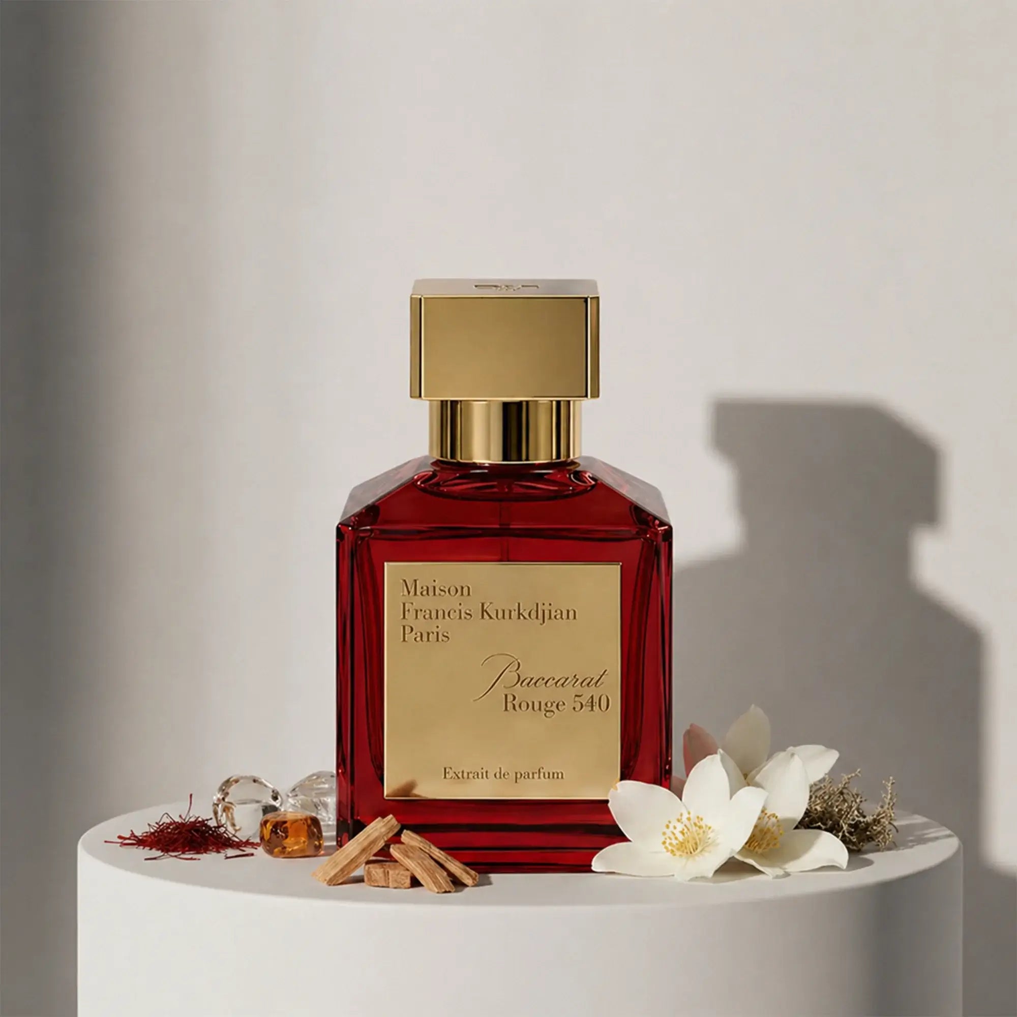 Maison Francis Kurkdjian Baccarat Rouge 540 extrait de parfum with saffron, amber, cedarwood and jasmine notes – available at luxuryperfumesamples.com