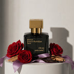 Maison Francis Kurkdjian Oud Satin Mood eau de parfum with rose, vanilla and sandalwood notes – available at luxuryperfumesamples.com