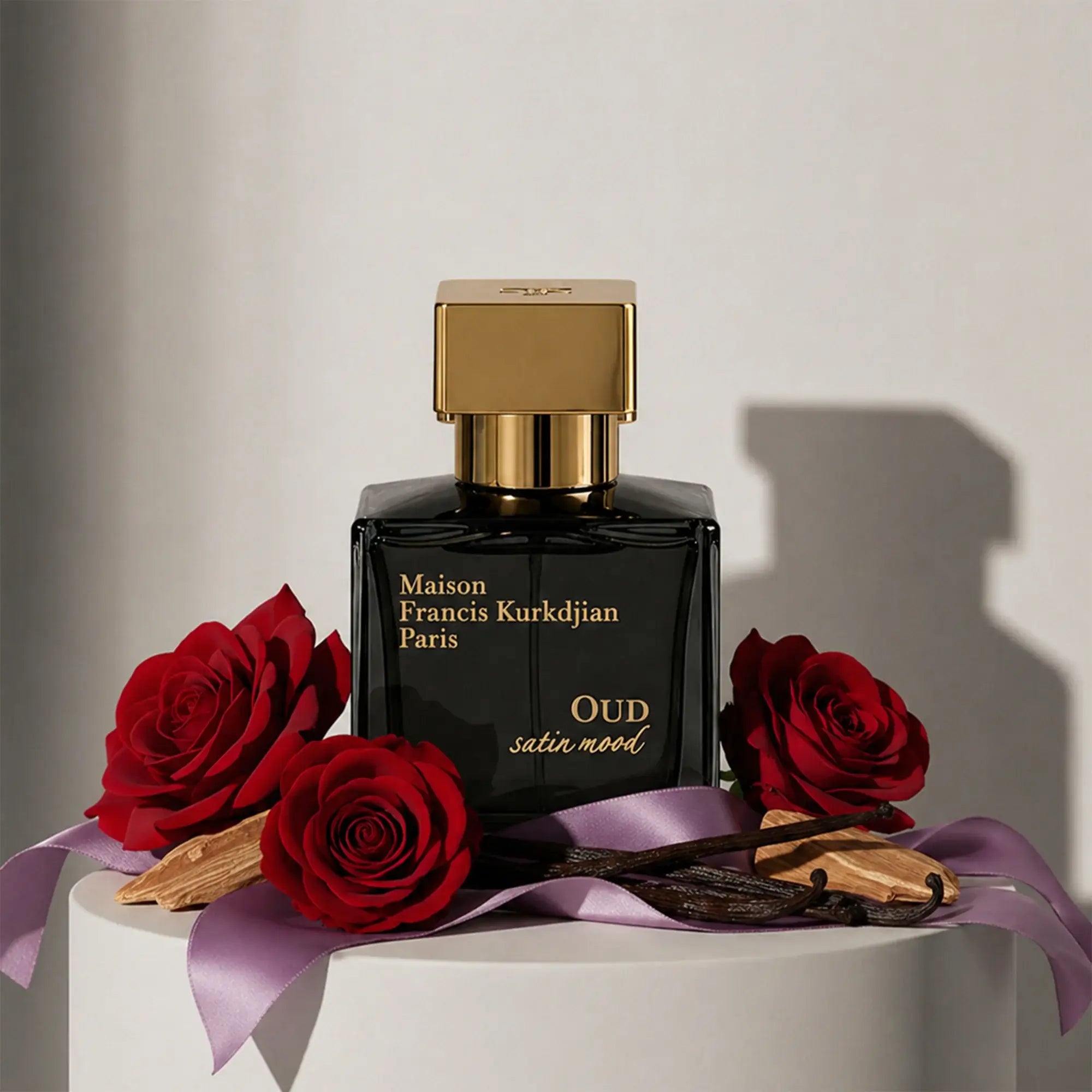 Maison Francis Kurkdjian Oud Satin Mood eau de parfum with rose, vanilla and sandalwood notes – available at luxuryperfumesamples.com