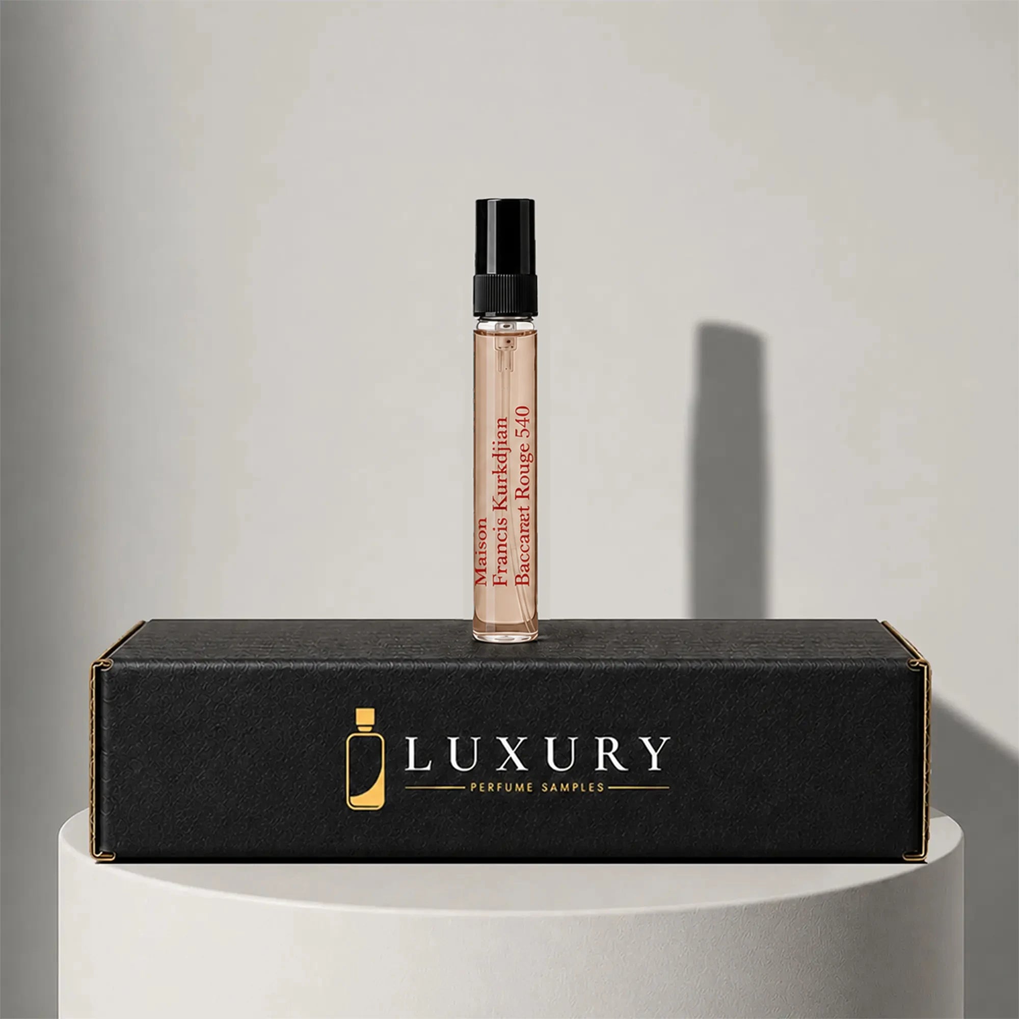 Maison Francis Kurkdjian Baccarat Rouge 540 eau de parfum sample vial, displayed on Luxury Perfume Samples branded box – sample decant available at luxuryperfumesamples.com