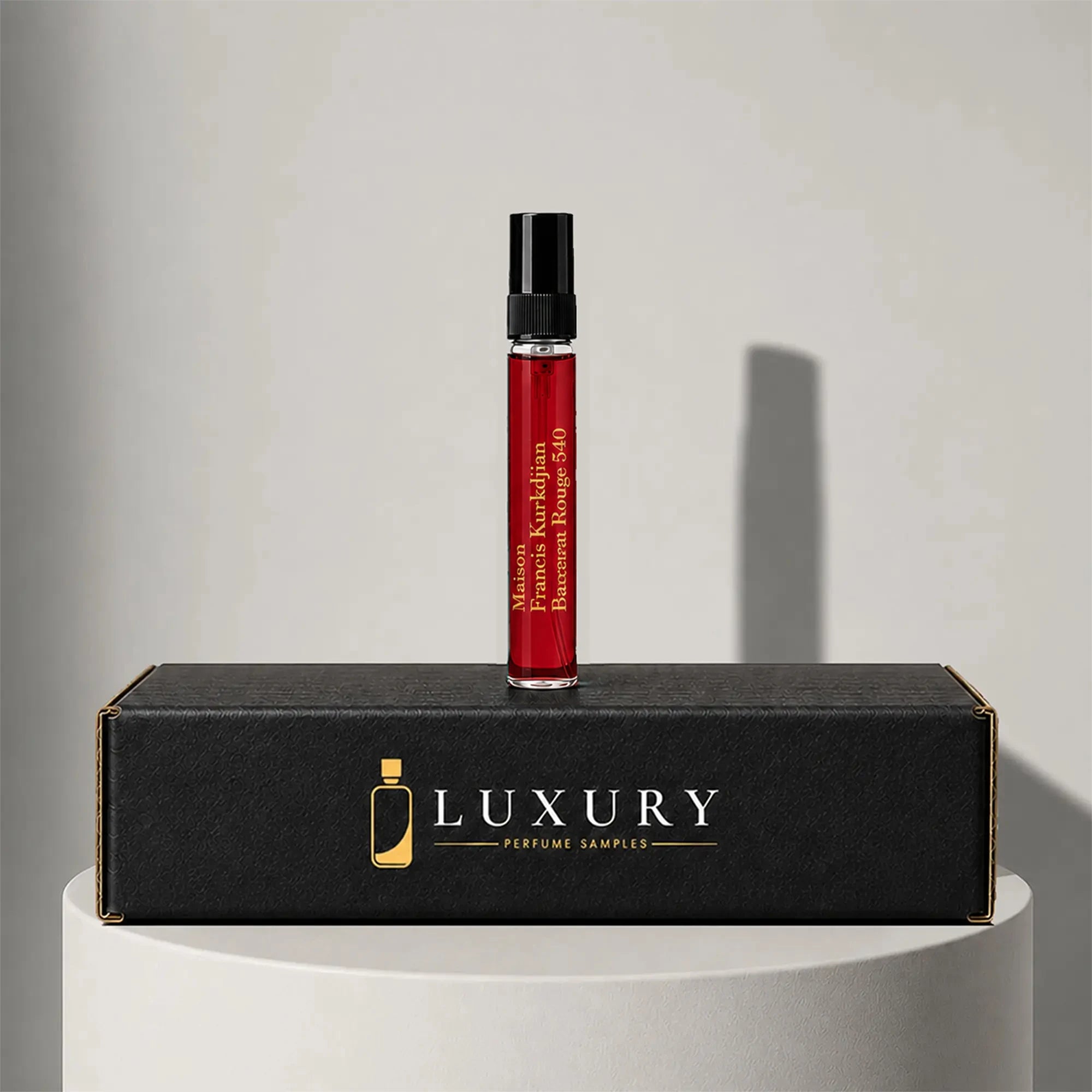 Maison Francis Kurkdjian Baccarat Rouge 540 extrait de parfum sample vial, displayed on Luxury Perfume Samples branded box – sample decant available at luxuryperfumesamples.com