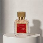 Maison Francis Kurkdjian Baccarat Rouge 540 eau de parfum in amber glass bottle with gold cap – full-size bottle available at luxuryperfumesamples.com