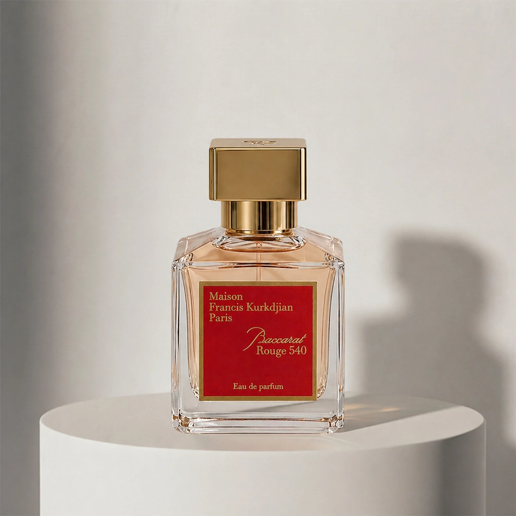 Maison Francis Kurkdjian Baccarat Rouge 540 eau de parfum in amber glass bottle with gold cap – full-size bottle available at luxuryperfumesamples.com