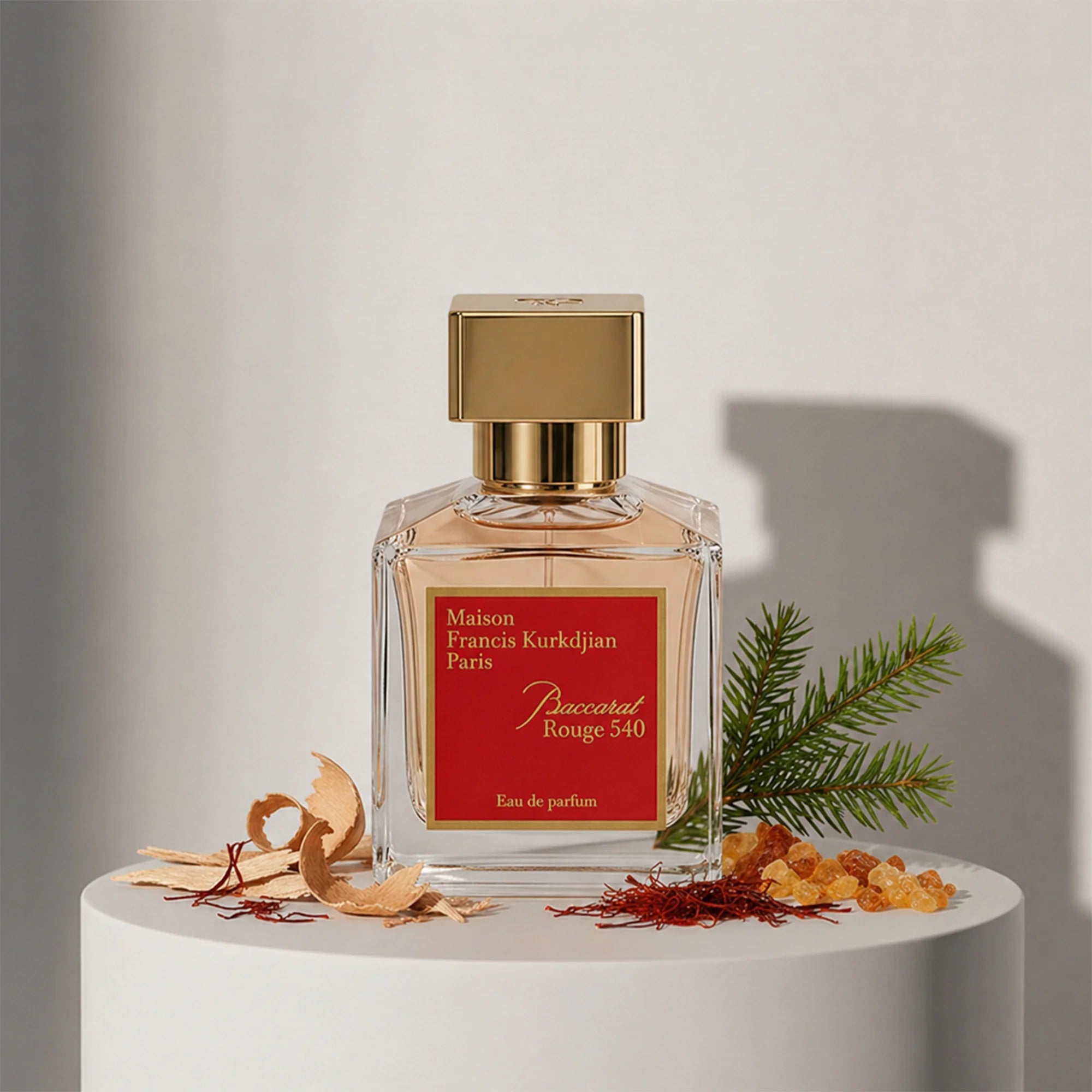 Maison Francis Kurkdjian Baccarat Rouge 540 eau de parfum with saffron, cedarwood, amber and fir notes – available at luxuryperfumesamples.com