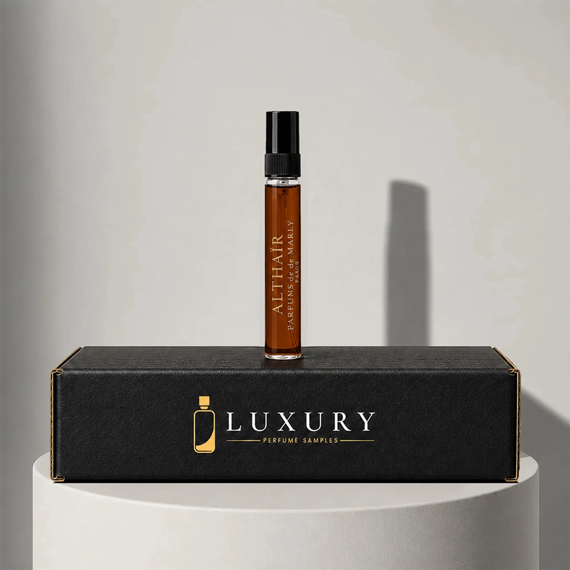 Parfums de Marly Althaïr eau de parfum sample vial, displayed on Luxury Perfume Samples branded box – sample decant available at luxuryperfumesamples.com