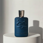 Parfums de Marly Layton eau de parfum in navy blue leather-textured glass bottle with silver cap – full-size bottle available at luxuryperfumesamples.com

