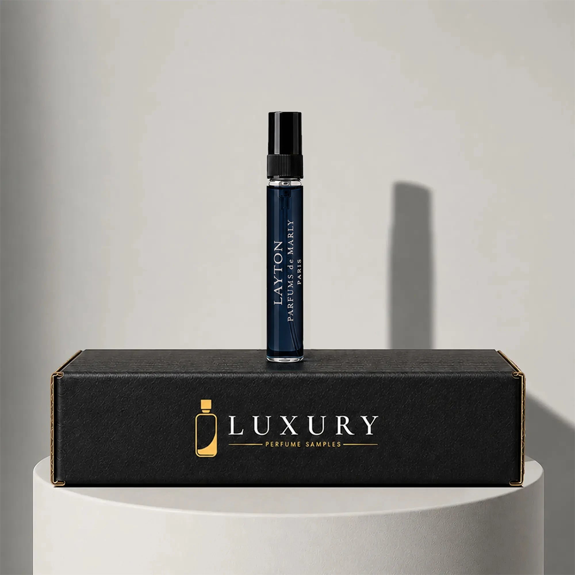 Parfums de Marly Layton eau de parfum sample vial, displayed on Luxury Perfume Samples branded box – sample decant available at luxuryperfumesamples.com