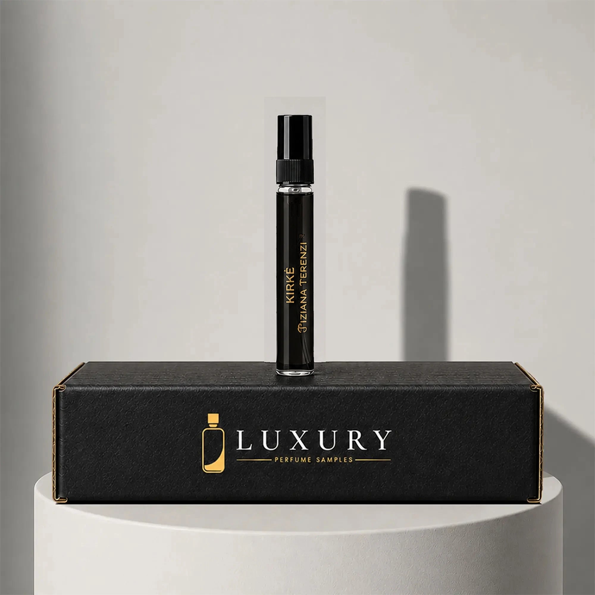 Tiziana Terenzi Kirke extrait de parfum sample vial, displayed on Luxury Perfume Samples branded box – sample decant available at luxuryperfumesamples.com