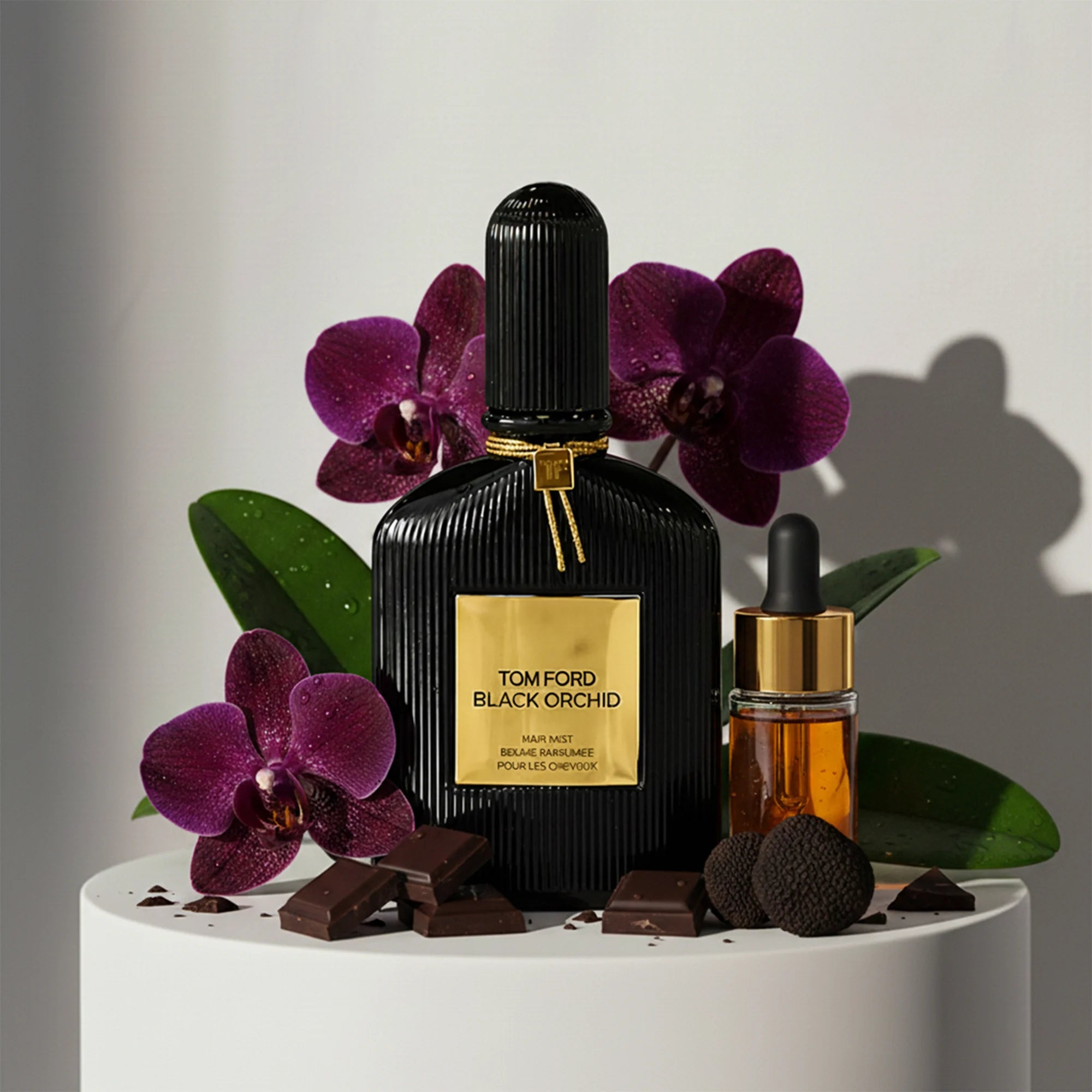 Tom Ford Black Orchid eau de parfum with black orchid, patchouli and dark chocolate notes – available at luxuryperfumesamples.com
