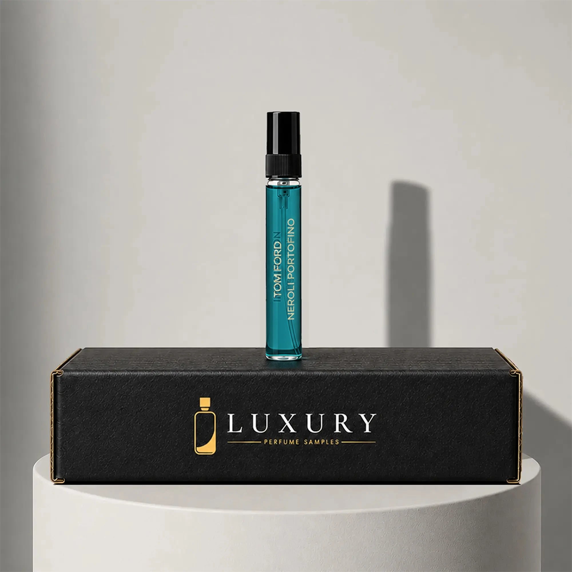 Tom Ford Neroli Portofino eau de parfum sample vial with black cap, displayed on Luxury Perfume Samples branded box – sample decant available at luxuryperfumesamples.com